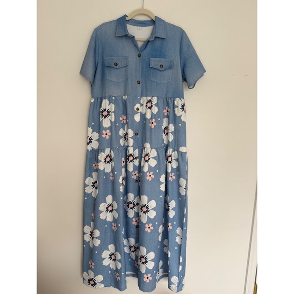 SHEIN Dresses & Skirts - NWOT Womens Shirt Maxi Dress Large Blue Faux Denim Pink Floral Shein Cottagecore